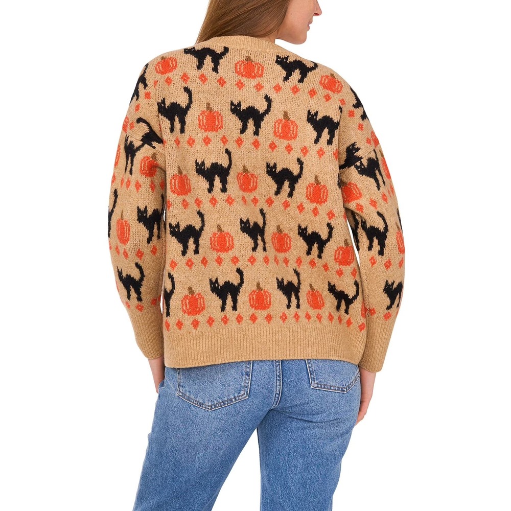 Vince Camuto Womens Halloween Black Cat Pumpkin Sweater Tan Size L NWT - Picture 2 of 5